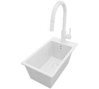 PRIMAGRAN Fregadero Granito al Mueble 30cm + Grifo, 28x50cm | Set: Grifo BW9010 + Kit de desagüe (sifón, válvula, rebosadero) + Riga 1 Seno para Cocina, Todo Blanco