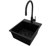 PRIMAGRAN Fregadero Granito al Mueble 40cm + Grifo, 38x44cm | Set: Grifo BW6020 + Kit de desagüe (sifón, válvula, rebosadero) + Riga Easy 1 Seno para Cocina, Todo Negro