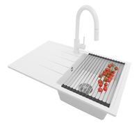 PRIMAGRAN Fregadero Granito al Mueble 45cm + Grifo, 78x50cm | Set: Grifo BW9010 + Kit de desagüe + Enrollable Escurridor + Milano 1 Seno para Cocina, Blanco