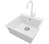 PRIMAGRAN Fregadero Granito al Mueble 50cm + Grifo, 48x50cm | Set: Grifo BW5010 + Kit de desagüe (sifón, válvula, rebosadero) + Riga 1 Seno para Cocina, Blanco