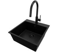 PRIMAGRAN Fregadero Granito al Mueble 50cm + Grifo, 48x50cm | Set: Grifo BW9010 + Kit de desagüe (sifón, válvula, rebosadero) + Riga 1 Seno para Cocina, Todo Negro