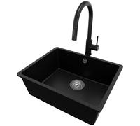 PRIMAGRAN Fregadero Granito al Mueble 60cm + Grifo, 56x44cm | Set: Grifo BW9010 + Kit de desagüe (sifón, válvula, rebosadero) + Venecia Easy Slim 1 Seno para Cocina, Negro