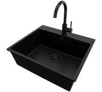 PRIMAGRAN Fregadero Granito al Mueble 60cm + Grifo, 58x50cm | Set: Grifo BW5010 + Kit de desagüe (sifón, válvula, rebosadero) + Riga 1 Seno para Cocina, Todo Negro