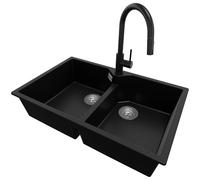 PRIMAGRAN Fregadero Granito al Mueble 80cm + Grifo, 78x50cm | Set: Grifo BW9010 + Kit de desagüe (sifón, válvula, rebosadero) + Madrid Twin 2 Senos para Cocina, Negro