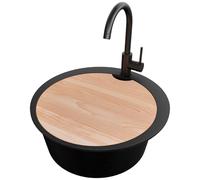 PRIMAGRAN Fregadero Granito Circular al Mueble 50cm + Grifo, 53x53cm | Set: Grifo BW5010 + Kit de desagüe (sifón, válvula, rebosadero) + Tabla de Cortar + Pisa 1 Seno para Cocina , Negro