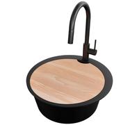 PRIMAGRAN Fregadero Granito Circular al Mueble 50cm + Grifo, 53x53cm | Set: Grifo BW9010 + Kit de desagüe (sifón, válvula, rebosadero) + Tabla de Cortar + Pisa 1 Seno para Cocina , Negro