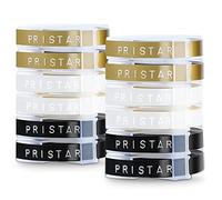 Pristar Compatible Plástico Cinta 9mm x 3m Reemplazo para Dynmo 3D Autoadhesivo Cintas para Dynmo Junior Omega Motex E-101 E-303, Blanco sobre Negro/Transparente/Oro 12 Pack
