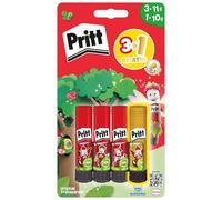 Pritt Juego de barras de pegamento con diseño de diseño, pegamento seguro y apto para niños para artes y manualidades, adhesivo fuerte para la escuela, 3 x 11 g original y 1 x 10 g colorido Pritt