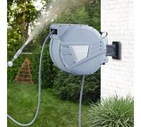 pro.tec Enrollador de Manguera de Agua Mural Carrete de Manguera de Jardín con Manguera de 30+2 m Boquilla Pulverizadora Ajustable Evita Enredos Plástico PVC 57 x 23,5 x 40 cm - Gris