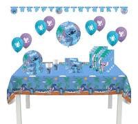 Procos - Decoración de cumpleaños Stitch, juego de 55 piezas, incluye mantel, 8 platos, 8 vasos, 20 servilletas, guirnalda, 8 globos, globo de aluminio y 8 bolsas de fiesta