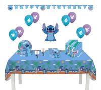 Procos - Decoración de cumpleaños Stitch, set de 55 piezas, contiene 8 platos de papel, 8 vasos de papel, 20 servilletas, mantel, guirnalda, 8 globos, globo de papel de aluminio, 8 bolsas de fiesta