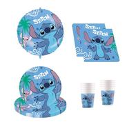 Procos - Vajilla de fiesta Disney Stitch, decoración de cumpleaños de 37 piezas incluye 8 platos de papel, 8 vasos de papel, 20 servilletas y un globo de papel de aluminio