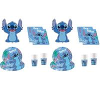 Procos - Vajilla de fiesta Disney Stitch, decoración de cumpleaños de 37 piezas incluye 8 platos de papel, 8 vasos de papel, 20 servilletas y un globo de papel de aluminio (Paquete de 2)