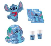 Procos - Vajilla para fiesta Disney Stitch, decoración de cumpleaños de 37 piezas incluye 8 platos de papel, 8 vasos de papel, 20 servilletas y un globo de papel de aluminio