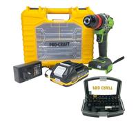 Procraft PA18ProDFR2-1B-C - Taladro atornillador inalámbrico (20 V, 30 Nm | 1 batería de 2,0 Ah, cargador, 32 piezas. Juego de brocas, maletín