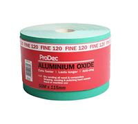 ProDec Rollo de 50 m de papel de lija abrasivo de óxido de aluminio verde de grano fino 120 para lijar madera, pintura, yeso, masilla, metal y más, 115 mm de ancho, compatible con lijadoras a máquina