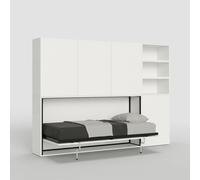 Cama individual Kando, de fresno en color blanco, composición F, con colchón y estructura abatible
