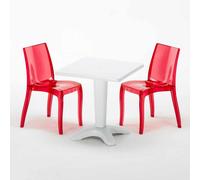 ProduceShop - Mesa Cuadrada Blanca 70x70 cm y Sillas De Colores Transparentes Cristal Light Terrace Transparent red
