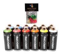 PROGAL COLORS Pack de latas de spray Hardcore 12x 400ml acabado brillante + 10 boquillas de recambio