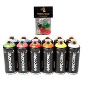 PROGAL COLORS Pack de latas de spray Hardcore 12x 400ml acabado brillante + 10 boquillas de recambio