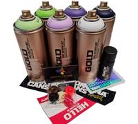 PROGAL COLORS PACK MONTANA CANS GOLD (6x Montana Gold 400ml + 1x Negro pocket 50ml + 6x Boquillas de repuesto + Pegatinas) Acabado Satinado Máxima calidad Graffiti Muralismo Colores Vivos