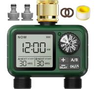 Programador de Riego 2 Salidas con Entrada de Latón, Pantalla LCD Grande | Temporizador de Riego Automatico con Retraso por Lluvia, Control de Riego Manual / Automático, Ordenador de Riego para Jardín