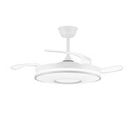 PROMO Ventilador de techo DECO con motor DC 6 velocidades Tecnología Led muy eficiente 45W tres tonalidades, Control remoto con temporizador, luz REGULABLE en color e intensidad, MEMORIA motor