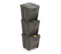 Prosperplast Juego de 3 cubos de reciclaje ZA906 – 3 x 25 litros para papel, vidrio y plástico – Gris