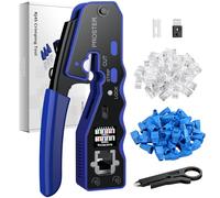 Proster Herramienta de Crimpado RJ45 CAT6 CAT5 CAT5e 8P Crimpadora RJ45 Pelacables Cortadora Multifuncion Alicates Compacto Grimpadora RJ45 con 50 Pcs Conectores de Paso CAT6 y 50pcs Cubiertas