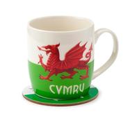 Puckator Juego de taza y posavasos de porcelana con diseño de dragón galés Cymru de Gales, accesorios divertidos para el hogar, bonitos regalos para novia, tazas grandes para hombres y mujeres,