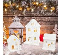 Pueblo navideño iluminado de madera Unyqoos®, de 3 piezas: 3 mini casitas con luz LED cálida, incluye pilas de botón y interruptor de encendido/apagado, decoración navideña