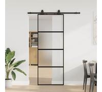 Puerta corredera con herraje, color negro, 76 x 205 cm, vidrio templado | Marco de aluminio, superficie de vidrio mate, tope para deslizamiento silencioso, instrucciones de montaje incluidas (idioma