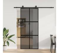Puerta corredera con herraje, color negro, 90 x 205 cm, cristal templado | Cristal de privacidad oscuro, tope silencioso, herrajes de acero con recubrimiento en polvo, aspecto moderno