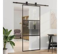 Puerta de cristal 90 x 205 cm aluminio negro con tope para puerta | Marco de aluminio, superficie de cristal transparente, puerta corredera, tope de puerta ajustable, fácil limpieza