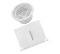 Puerta de skimmer de piscina con pasadores de bisagra, solapa de repuesto de PVC blanco con nervadura central elevada y referencias de tamaño para mantenimiento de piscina en el patio trasero, solapa