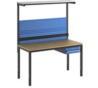 Puesto de trabajo completo, de altura regulable incl. un cajón, panel perforado, riel para cajas, repisa