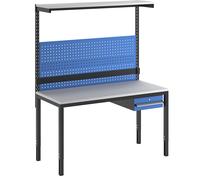 Puesto de trabajo completo, de altura regulable incl. un cajón, panel perforado, riel para cajas, repisa