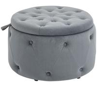Puf redondo para almacenamiento - Asiento tipo puf - Tapizado con botones - Cubierta de terciopelo - Relleno de espuma - Estructura de madera - 60 x 60 x 40 cm - Gris