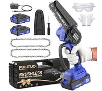 PULITUO Mini Motosierra de Batería 6 Pulgadas / 15 cm con 2 x 2000mAh Baterías, Sierra Eléctrica sin Cable sin Escobillas con Maletín y 2 Cadenas, Minimotosierra para Poda, Jardín y Corte de Madera
