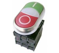 Pulsador doble + indicador luminoso; 22 mm ; Resaltados; Verde I; Blanco; Rojo 0; Anillo Negro; 1 NO + LED 85-264 V AC + 1 NC