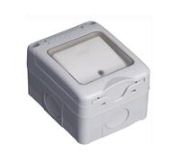 Pulsador estanco de superficie 16A/250V IP55 con indicador luminoso y tapa de plástico, ideal para uso en exteriores y entornos húmedos.