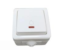 Pulsador exterior IP54 con indicador luminoso, 10A 250V, blanco; ideal para controlar iluminación y señalización en exteriores.