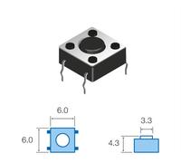 Pulsador tacto 6x6mm 4,3mm altura total tecla negra