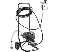 Pulverizador de pintura sin aire de pie, con motor de 750W y 3000 PSI de alta eficiencia, incluye carro. Ofrece un acabado fino y uniforme, ideal para pintar interiores y exteriores de casas, muebles,