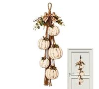 Pumpkin Door Swag - Luz LED cálida | Wooden Fall Wreath | 50 x 15 cm Country Rustic Wood Sign with Vintage Fabric Bow, Button Battery Powered, Front Porch Action Decor