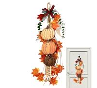 Pumpkin Door Swag - Luz LED cálida | Wooden Fall Wreath | 50 x 15 cm Country Rustic Wood Sign with Vintage Fabric Bow, Button Battery Powered, Front Porch Action Decor