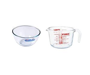 Pyrex Classic Jarra De Vidrio Medidora De 1 L, Apta para Microondas + Classic Bol De Vidrio para Mezclas De 3 litros