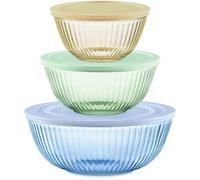 Pyrex Year of Color Sculpted - Juego de cuencos de vidrio tintado para mezclar con tapas para preparar, hornear y cocinar, horno precalentado, lavavajillas, congelador y microondas (paquete de 3)