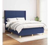 Pyvara Cama con somier con colchón azul, 140 x 190 cm, tejido tapizado, cabecero tapizado, marco de madera maciza, somier de láminas y colchón, cómodo mueble para dormitorio, ahorra espacio y es