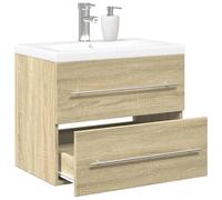 Pyvara Juego de 2 muebles de baño de roble Sonoma de madera de roble con lavabo de cerámica, 61 x 39,5 x 18,5 cm, para colgar en la pared, espacio de almacenamiento con cajón y puerta para inodoro de